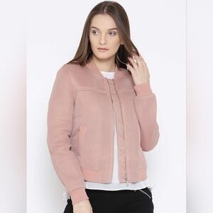 Forever 21 Women Dusty Pink Solid Mesh Bomber Jacket